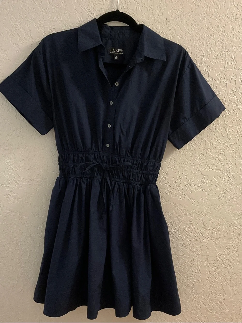 J. Crew Navy Drawstring Waist Cotton Shirt Dress with side pockets